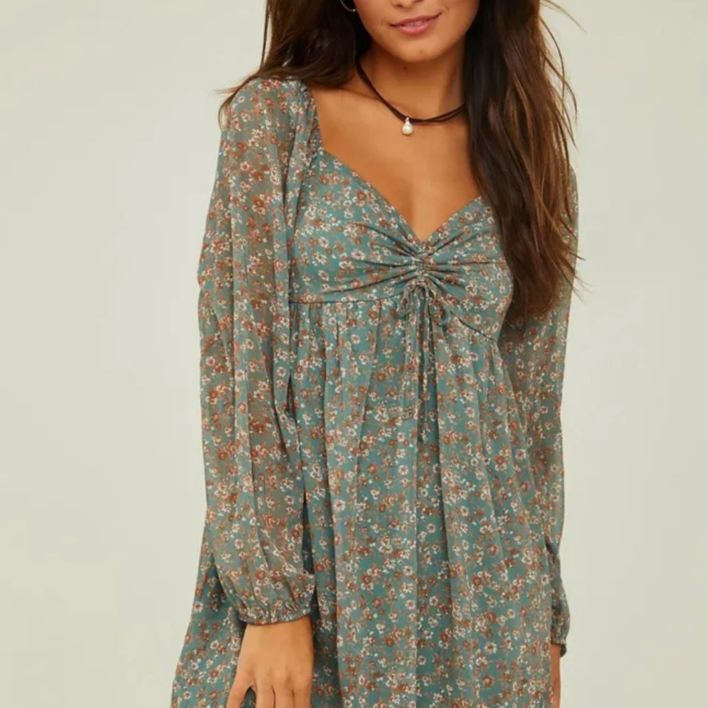 Altar'd State Teal Floral Long Sleeve Maxi Dress